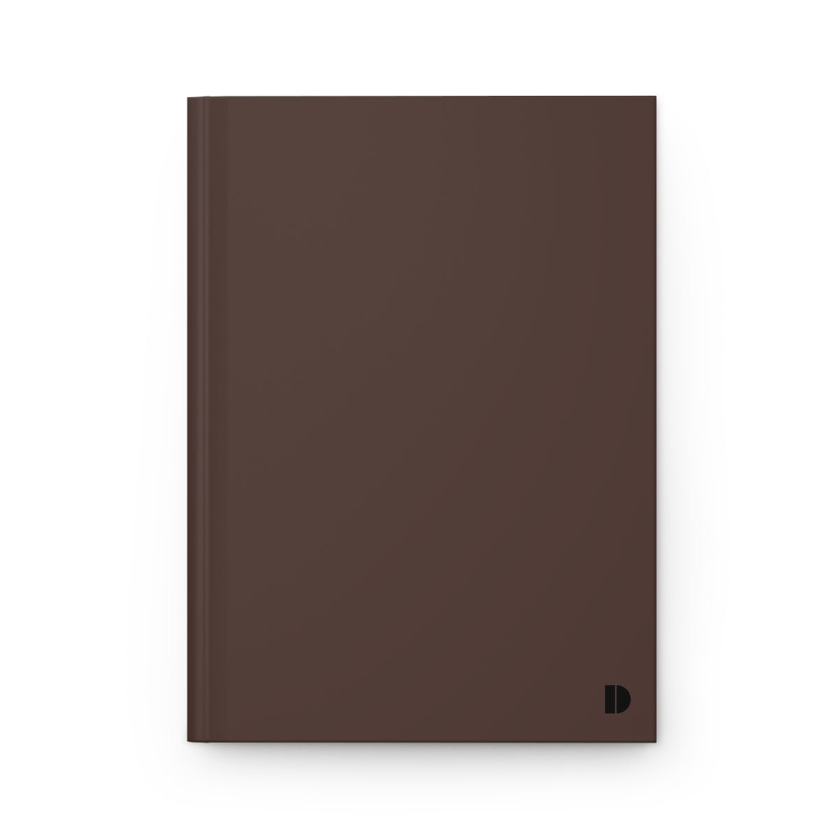 A minimalist hardcover notebook in a solid dark brown color, featuring a small black monogram logo in the bottom right corner, set against a plain white background.