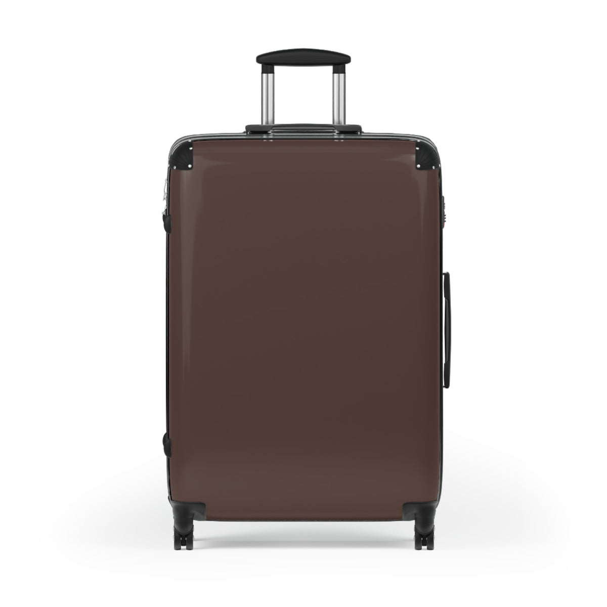 Brown suitcase with extended telescoping handle and spinner wheels on a white background