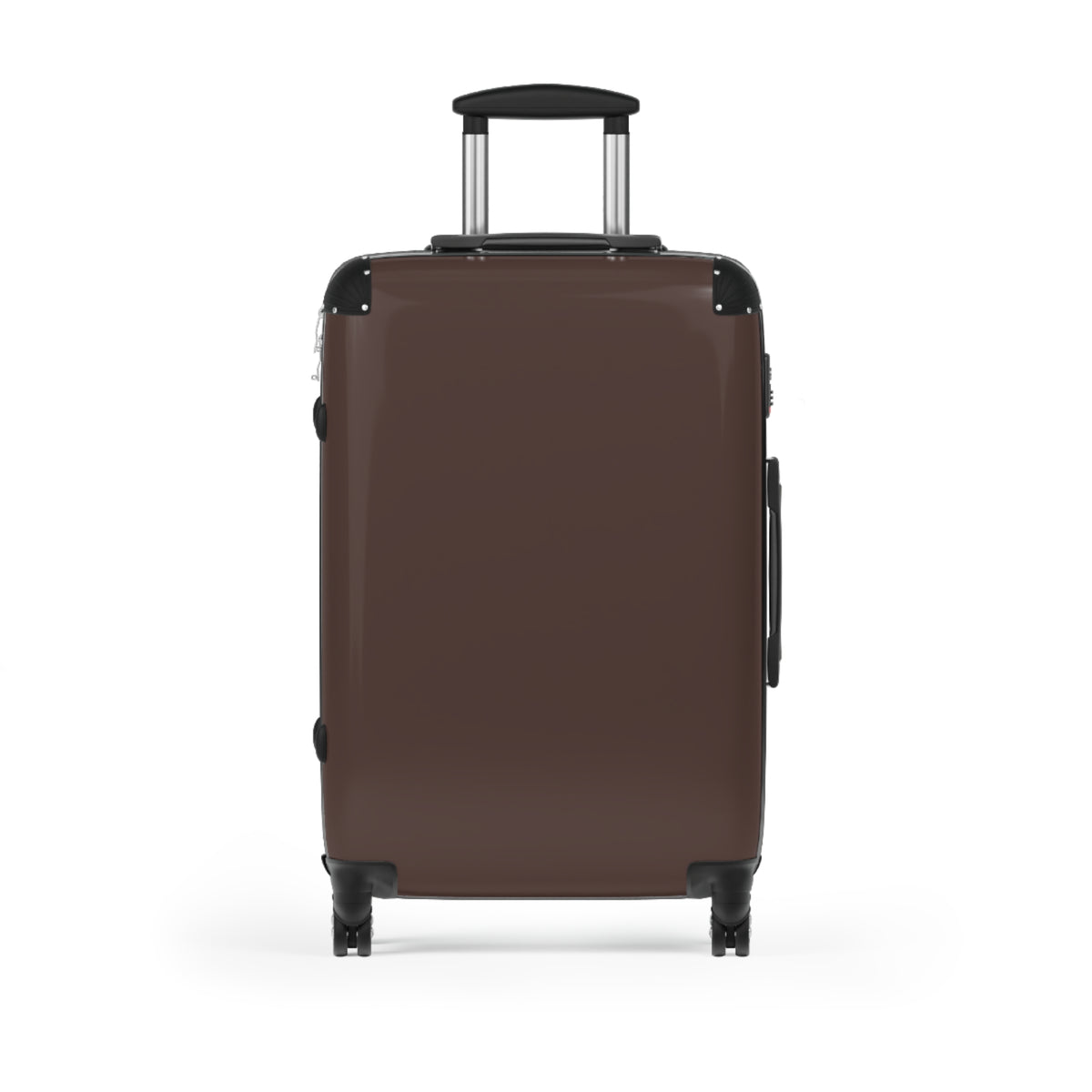 Brown suitcase with extended telescoping handle and spinner wheels on a white background