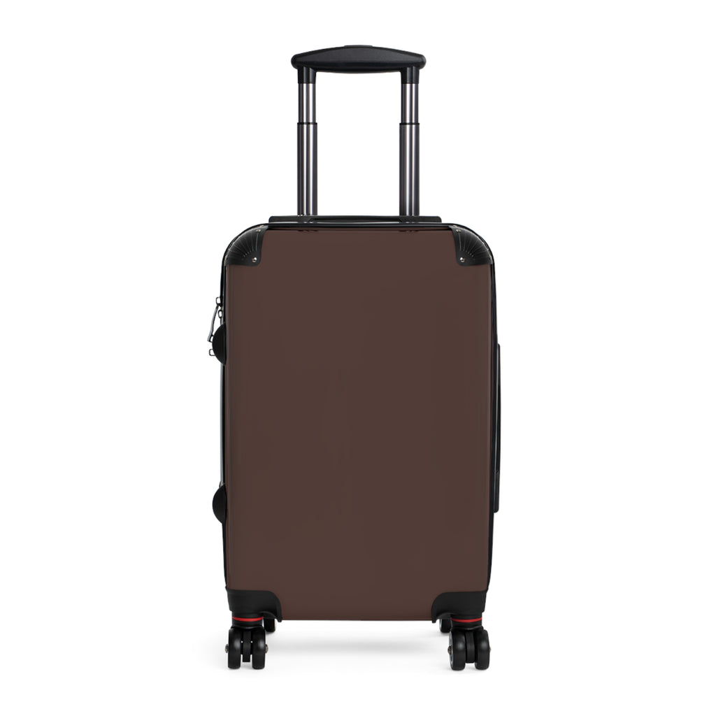 Small brown suitcase with extended telesoping handle and spinner wheels on a white background