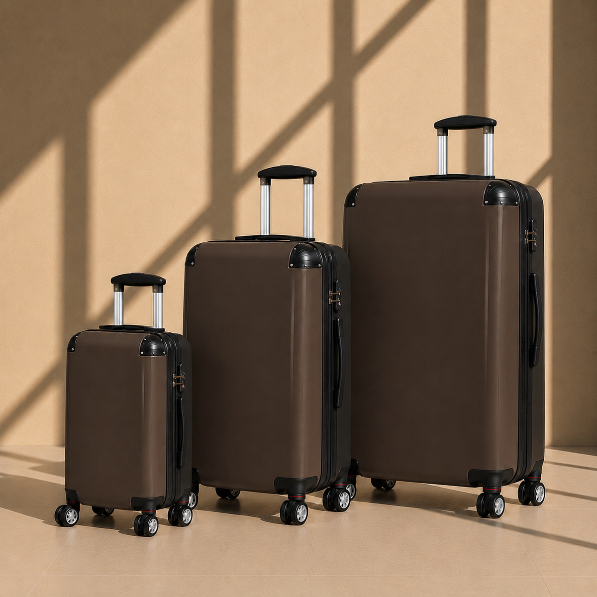 Three hard-shell spinner suitcases in a matte brown color, arranged by size from smallest to largest on a beige floor against a beige wall with window-shadow patterns.