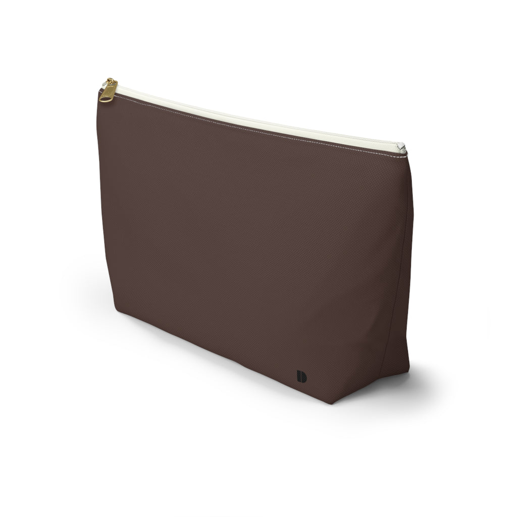 A dark brown waterproof pouch with a gold zipper and a small black monogram logo on the bottom right, shown against a plain white background.