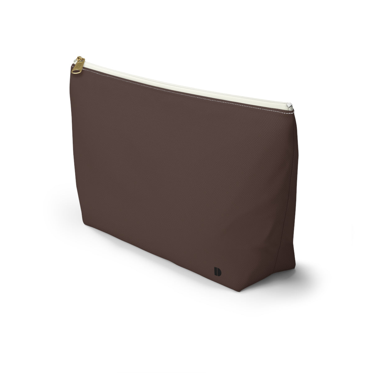 A dark brown waterproof pouch with a gold zipper and a small black monogram logo on the bottom right, shown against a plain white background.