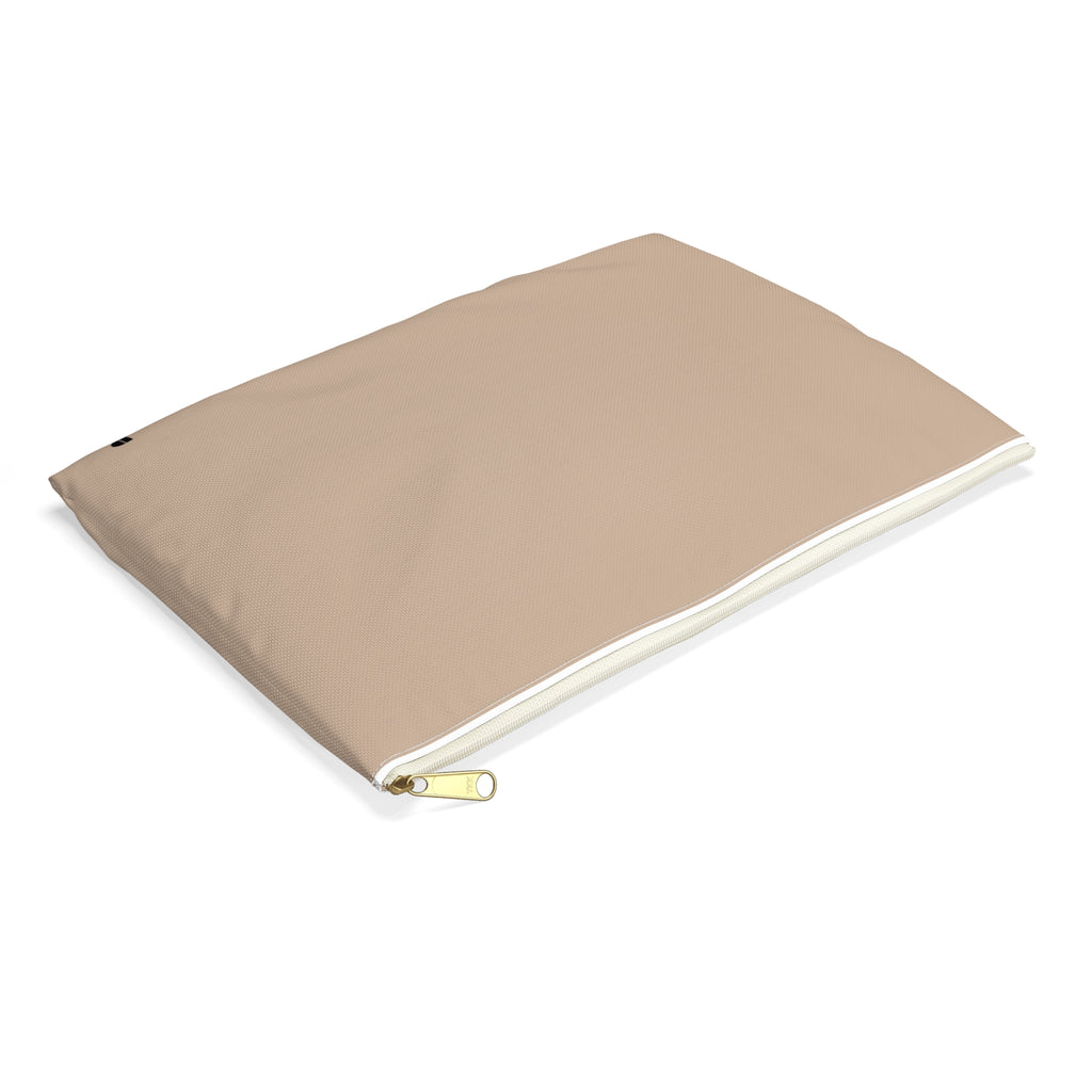 A minimalist beige zippered pouch with a small black logo in the bottom right corner and a gold zipper pull, shown on a solid white background.
