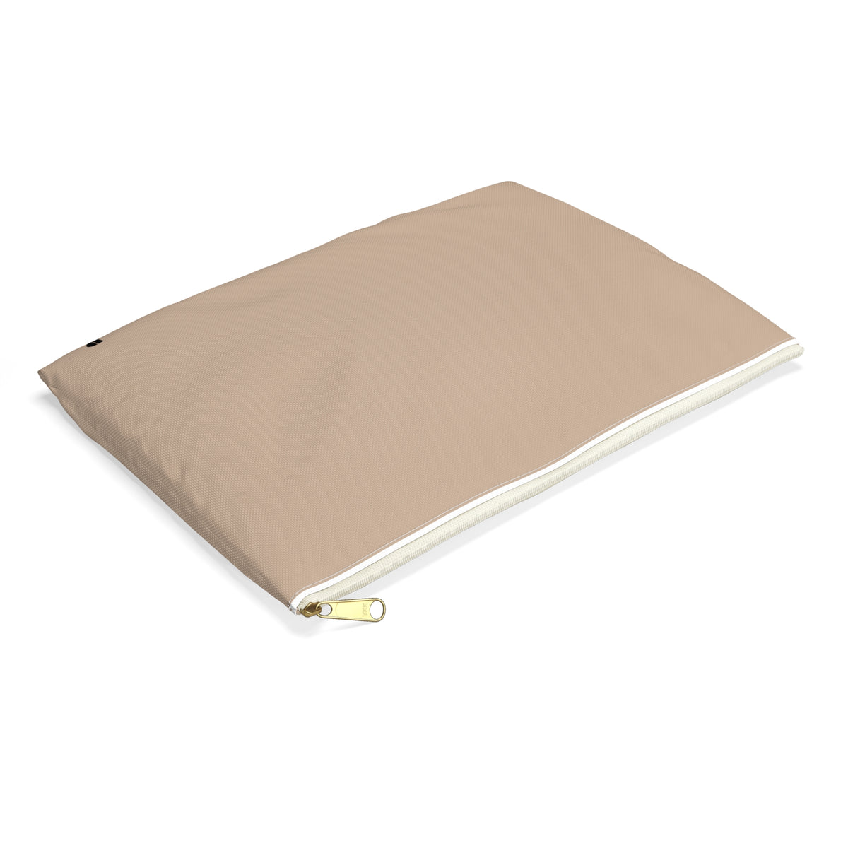 A minimalist beige zippered pouch with a small black logo in the bottom right corner and a gold zipper pull, shown on a solid white background.