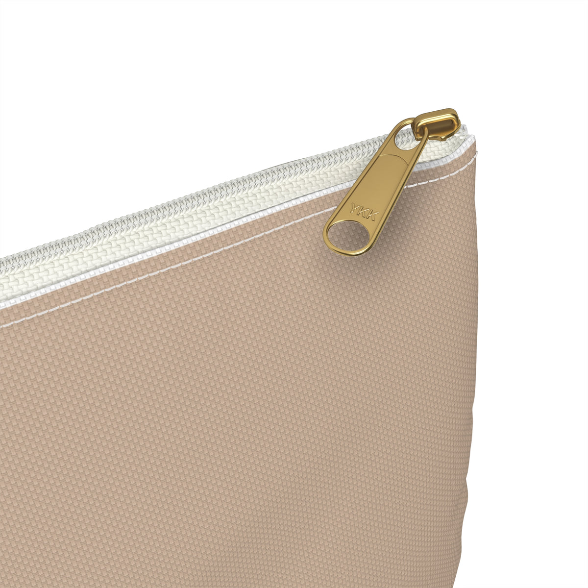 Close-up of a beige textured zippered pouch with a gold-tone metal zipper pull on a white background.
