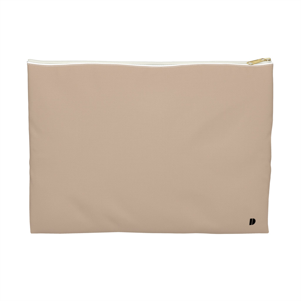 A minimalist beige zippered pouch with a small black logo in the bottom right corner and a gold zipper pull, shown on a solid white background.