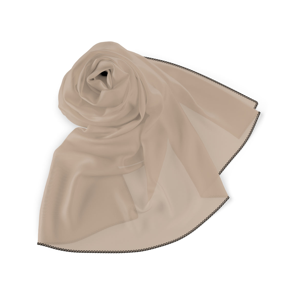 A light beige sheer chiffon scarf with a delicate black trim, elegantly draped in a spiral shape against a solid white background.