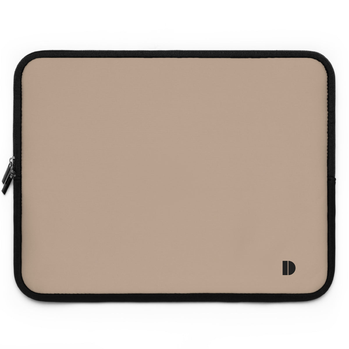 A beige laptop sleeve with a black zipper border and a small black monogram logo in the bottom right corner, shown on a plain white background.