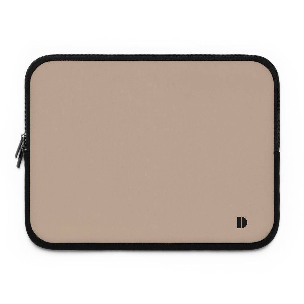 A beige laptop sleeve with a black zipper and black trim, featuring a small black logo in the bottom right corner, shown on a plain white background.