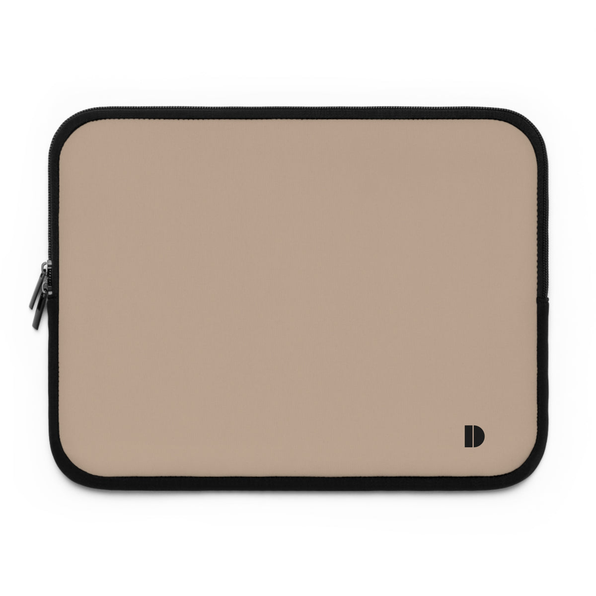 A beige laptop sleeve with a black zipper and black trim, featuring a small black logo in the bottom right corner, shown on a plain white background.