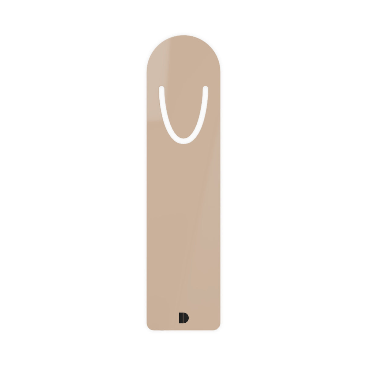 Latte metal bookmark featuring a rounded top with an integrated U-shaped page clip cutout and a small black semi-circle logo stamped near the flat base. Metal bookmark titled 'Latte Metal Bookmark', available in one size.