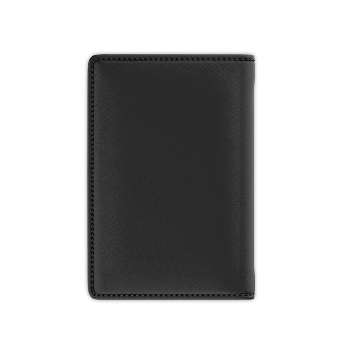 Black faux leather passport holder back on a white background
