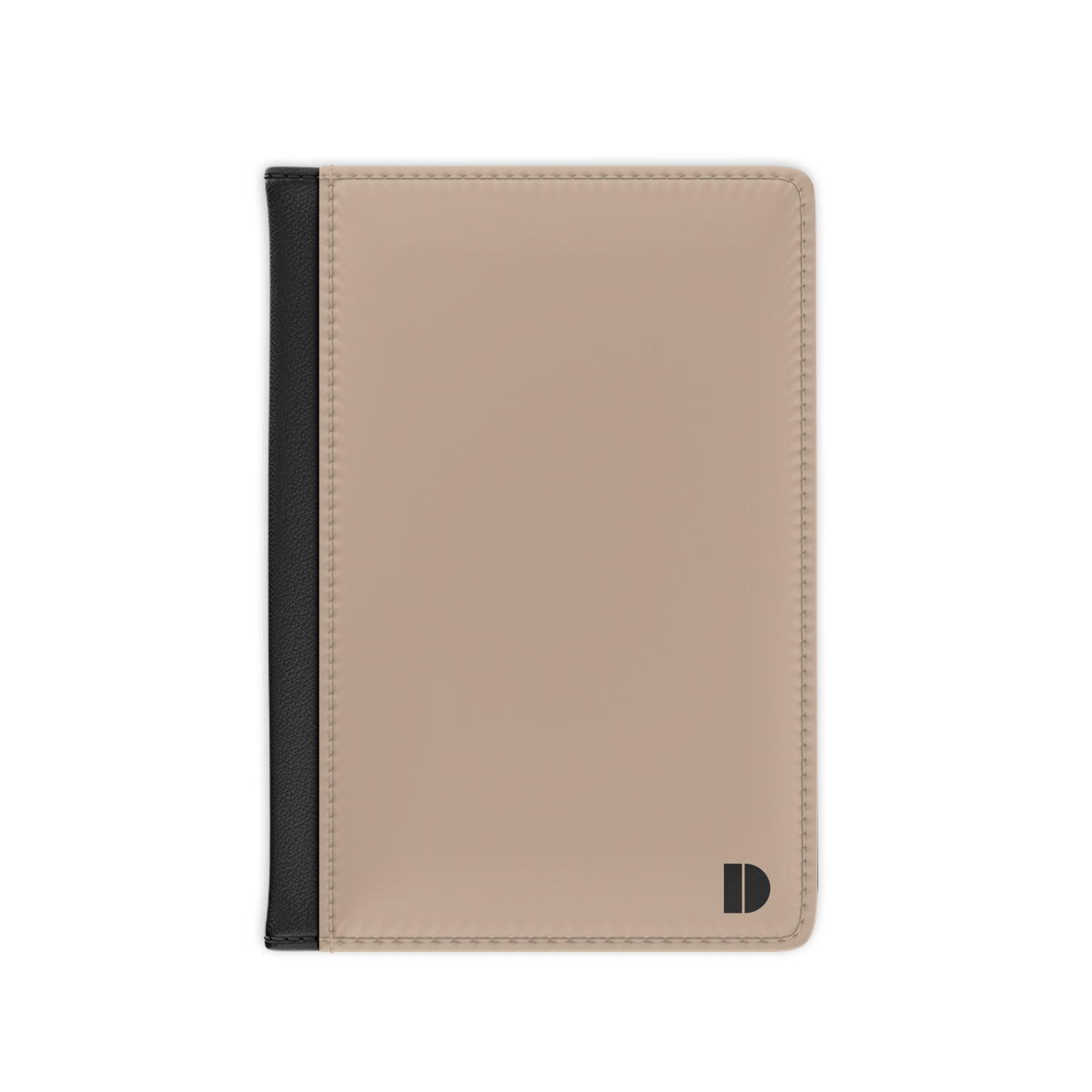 A minimalist passport cover or document holder in beige faux leather with a black spine strip and a small black monogram logo in the bottom right corner, shown on a plain white background.