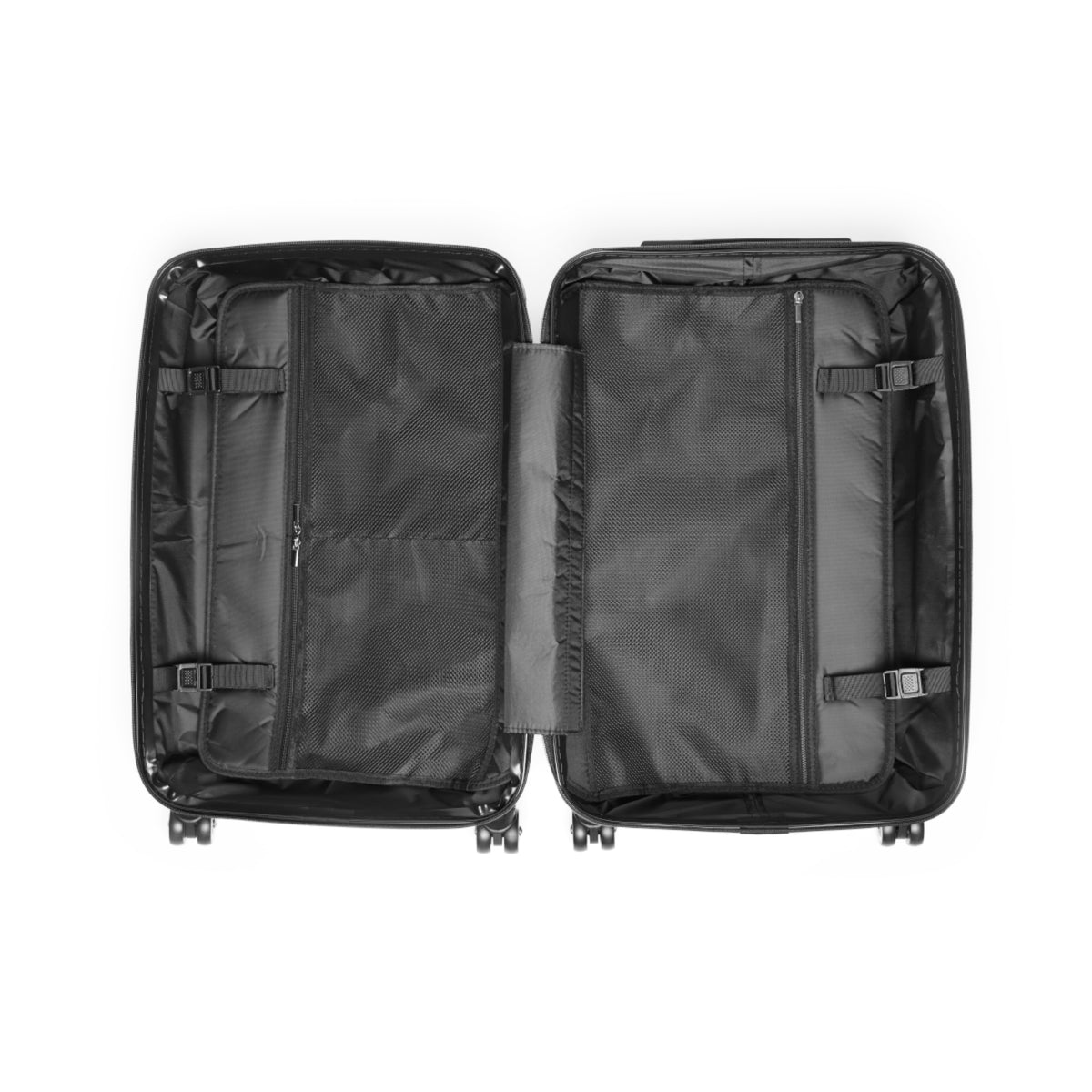 Black interior of a suitcase showing multiple zip pockets and straps for packing on a white background