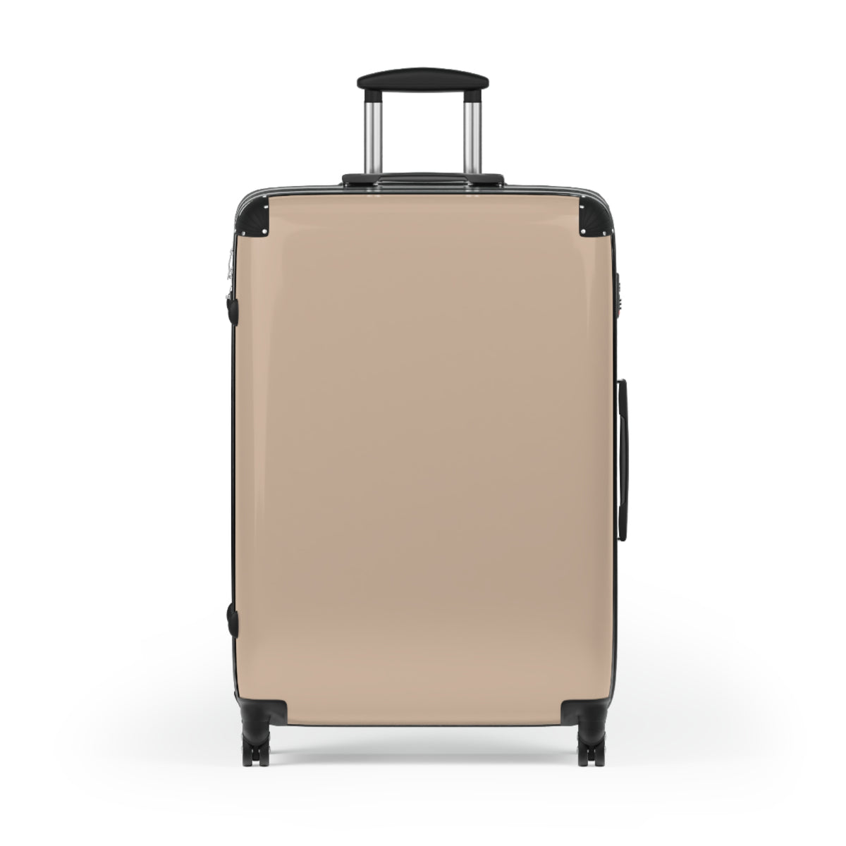 A large hard-shell suitcase in a warm beige/tan color with black trim, a telescoping handle, and dual spinner wheels, shown from the front on a plain white background.