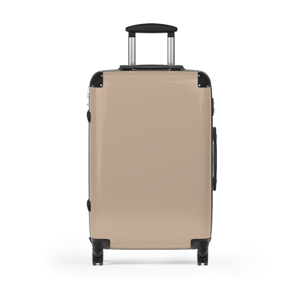 A hard-shell suitcase in a warm beige/tan color with black trim, a telescoping handle, and dual spinner wheels, shown from the front on a plain white background.