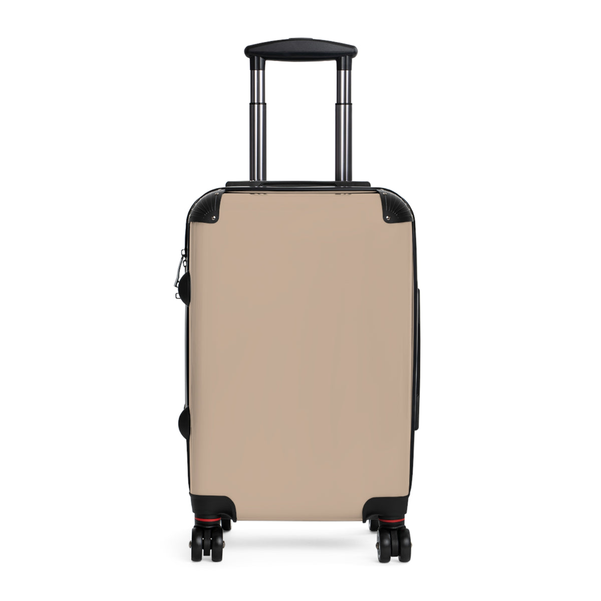 A hard-shell carry-on suitcase in a warm beige/tan color with black trim, a telescoping handle, and dual spinner wheels, shown from the front on a plain white background.
