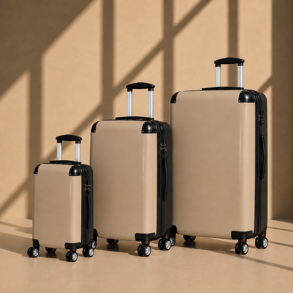 Three hard-shell carry-on suitcases in different sizes, arranged from smallest to largest against a warm beige wall with diagonal shadow patterns. The suitcases are beige with black trim, handles, and wheels.