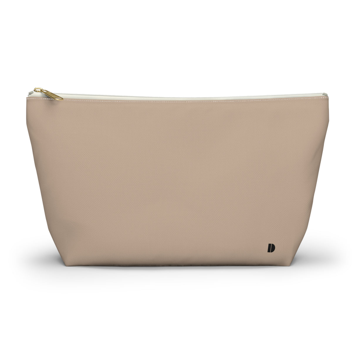 A beige zippered pouch with a small black monogram logo on the bottom right corner, photographed on a clean white background.
