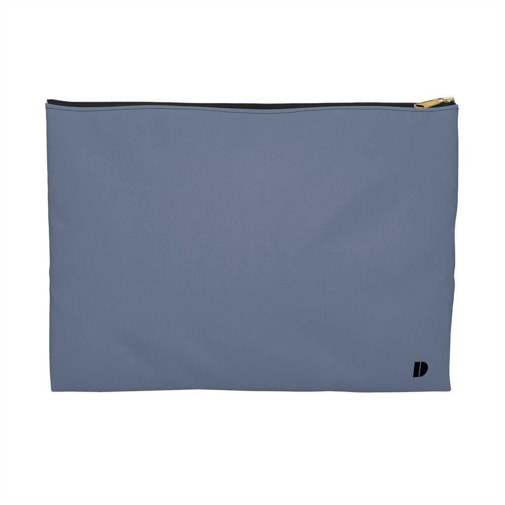A rectangular dusty blue pouch with a black zipper and a small black logo in the bottom right corner, shown against a plain white background.