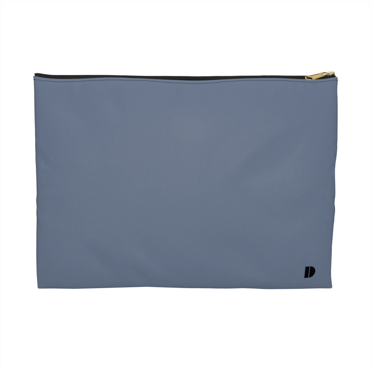 A rectangular dusty blue pouch with a black zipper and a small black logo in the bottom right corner, shown against a plain white background.