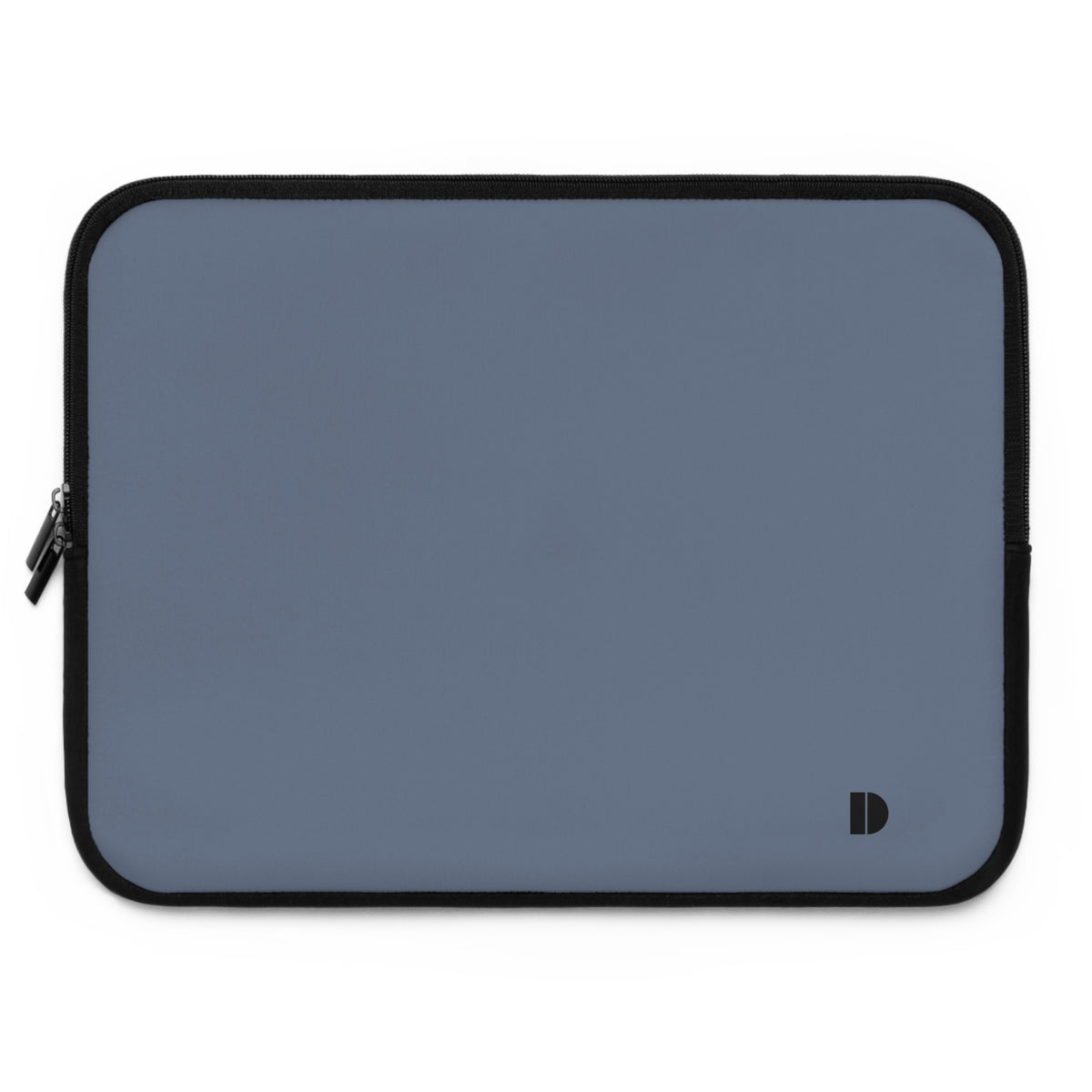 A slate blue neoprene laptop sleeve with a black zipper border and a small black logo in the bottom right corner, shown on a plain white background.