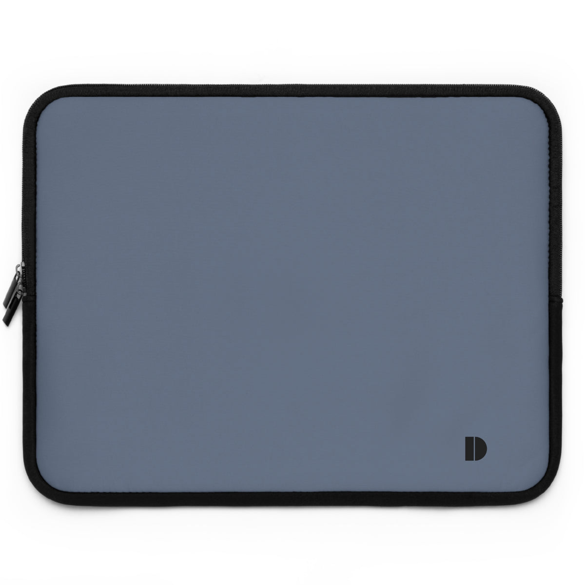 A slate blue neoprene laptop sleeve with a black zipper and black trim, featuring a small black monogram logo in the bottom right corner, set against a plain white background.