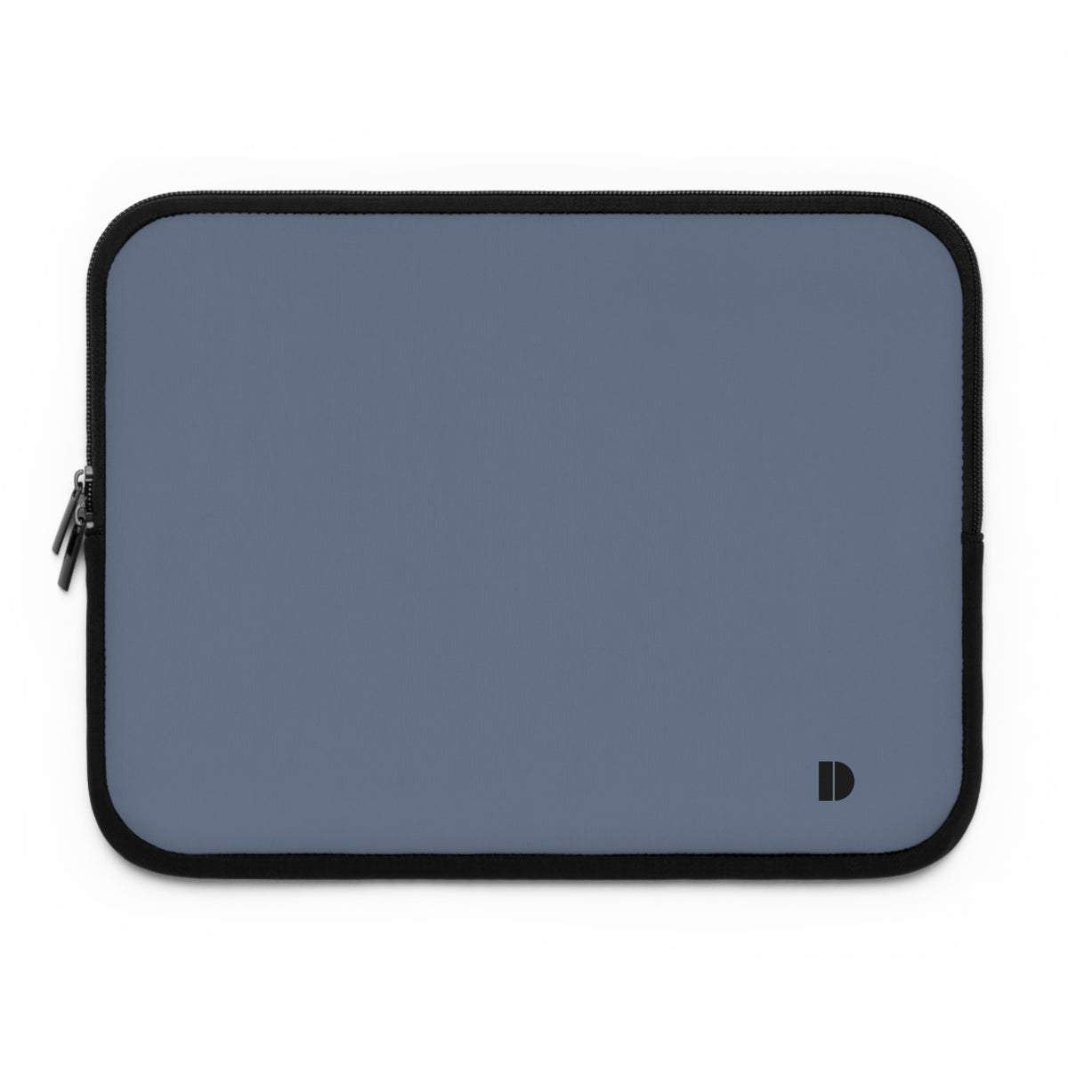 A slate blue laptop sleeve with black trim and a small black monogram logo in the bottom right corner, shown on a plain white background.