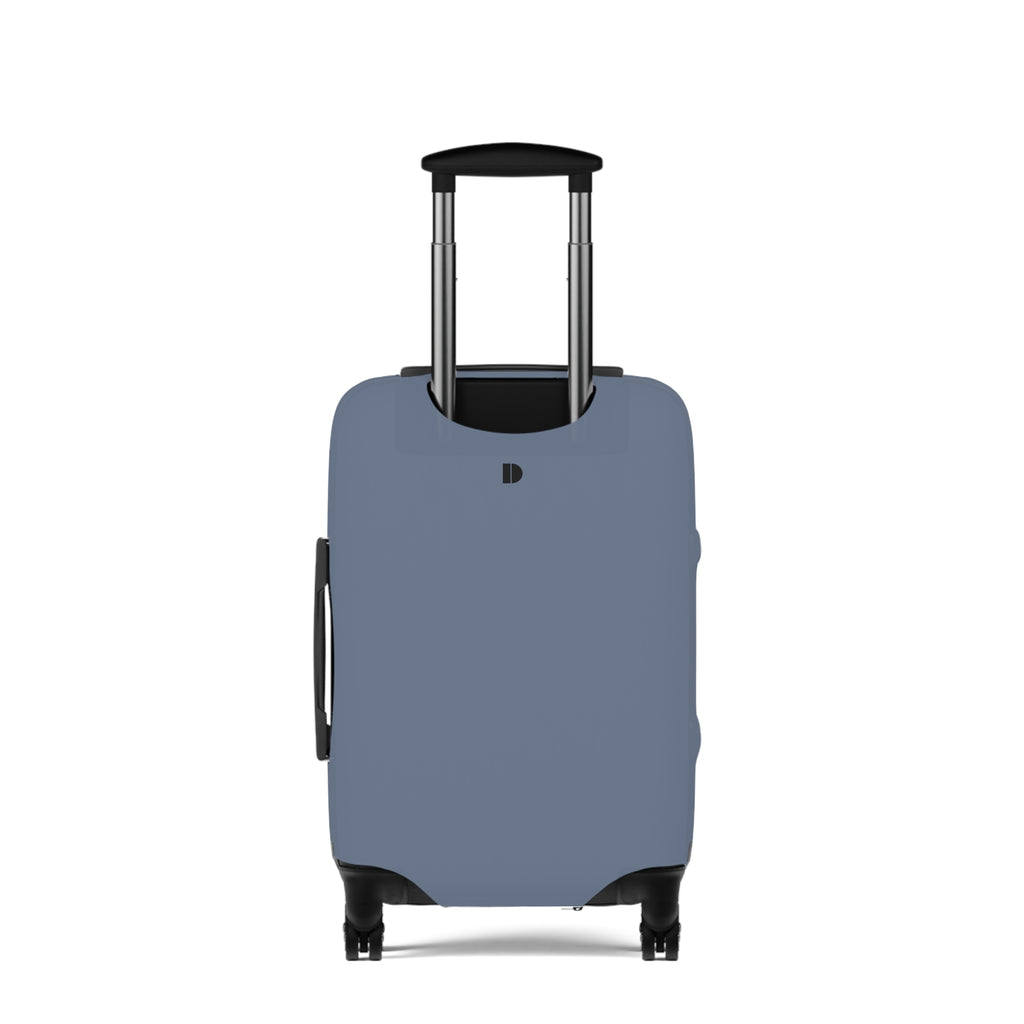 A light blue protective luggage cover fitted on a hard-shell suitcase with an extended telescoping handle and four wheels, shown against a plain white background.