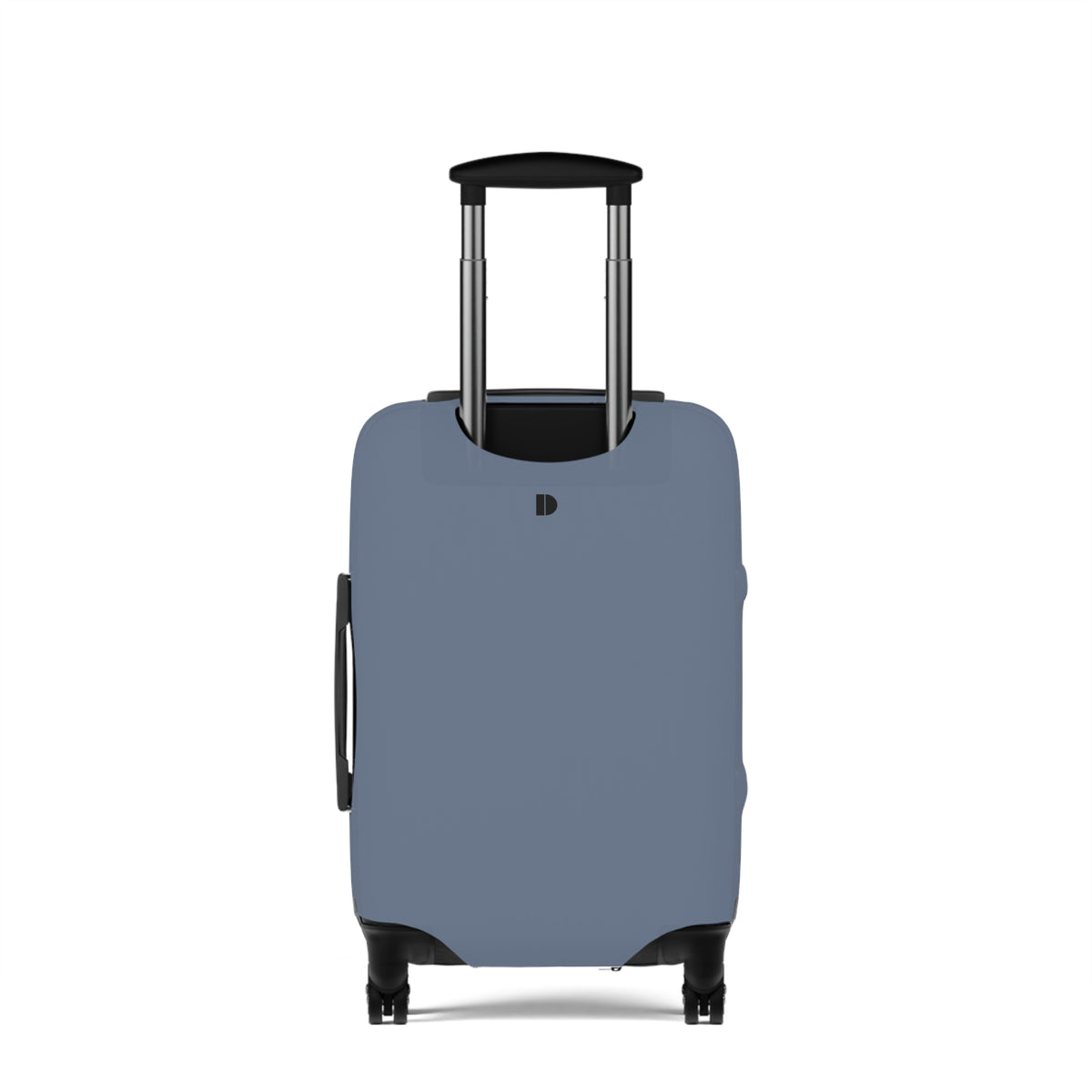 A light blue protective luggage cover fitted on a hard-shell suitcase with an extended telescoping handle and four wheels, shown against a plain white background.