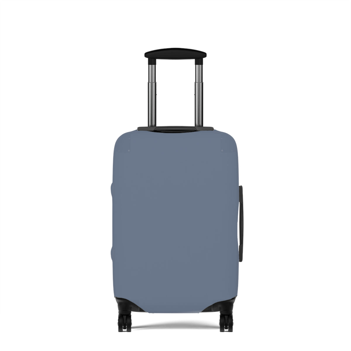 A light blue protective luggage cover fitted on a hard-shell suitcase with an extended telescoping handle and four wheels, shown against a plain white background.