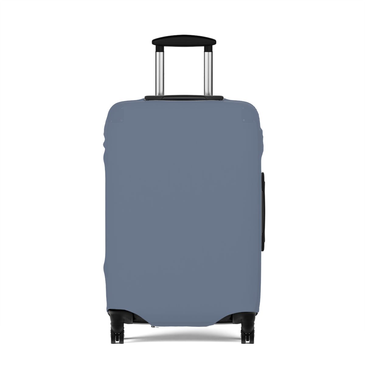 A blue-gray protective luggage cover fitted onto a hard-shell rolling suitcase, shown from the front against a solid white background.