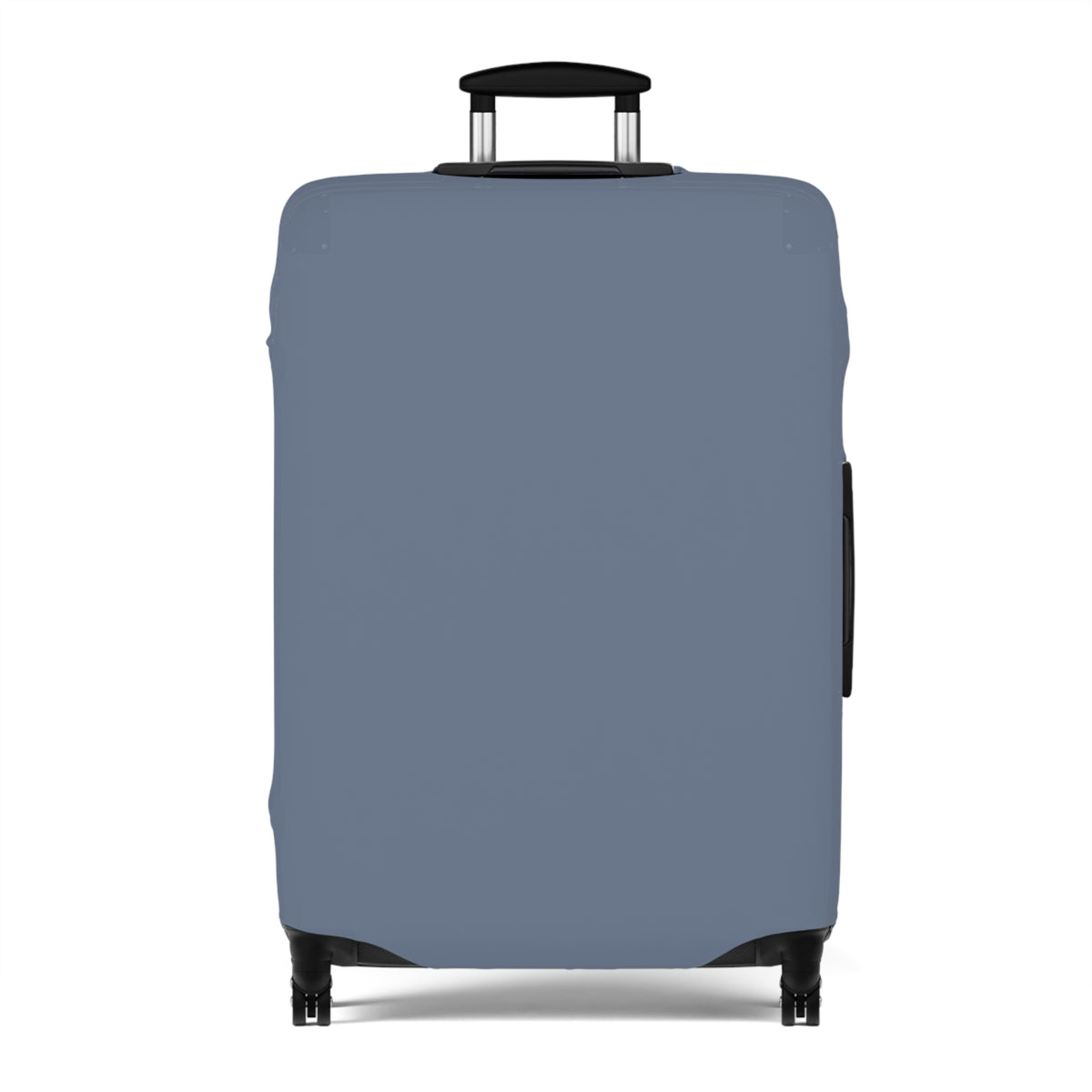 A light slate blue luggage cover fitted on a hard-shell rolling suitcase, shown from the front against a plain white background.