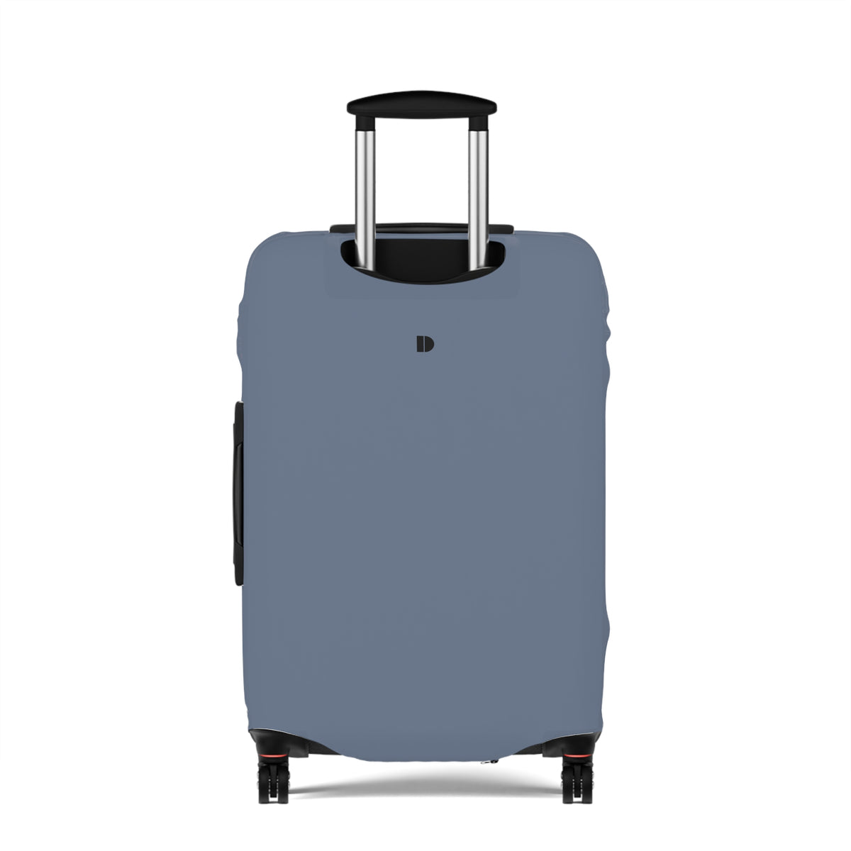 A slate blue luggage cover fitted over a rolling suitcase, shown from the front on a clean white background. The cover has a small black monogram logo near the top center and a black telescoping handle.