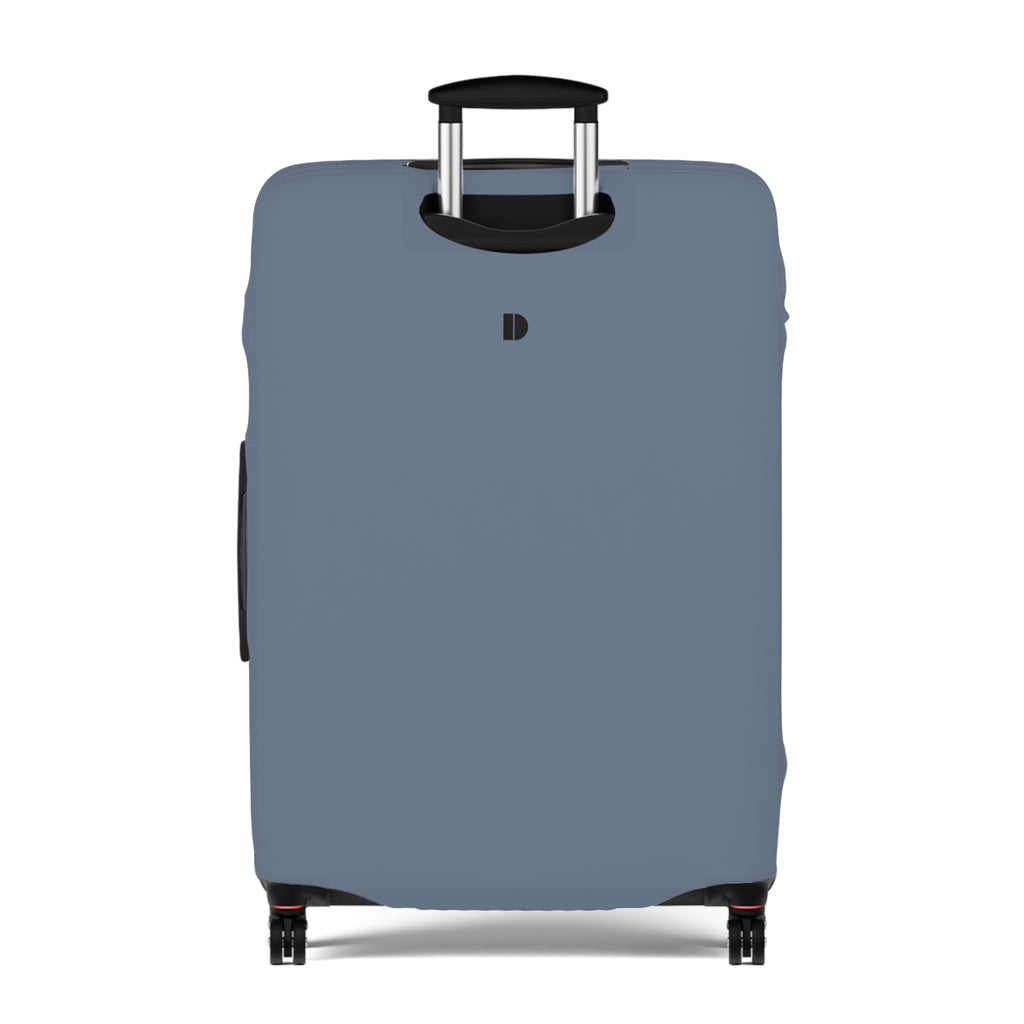 A light blue protective luggage cover fitted on a hard-shell suitcase with an extended telescoping handle and four wheels, shown against a plain white background.