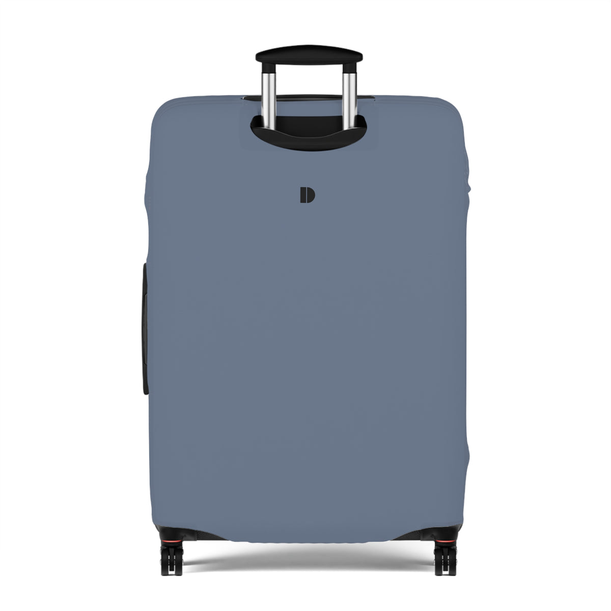 A light blue protective luggage cover fitted on a hard-shell suitcase with an extended telescoping handle and four wheels, shown against a plain white background.