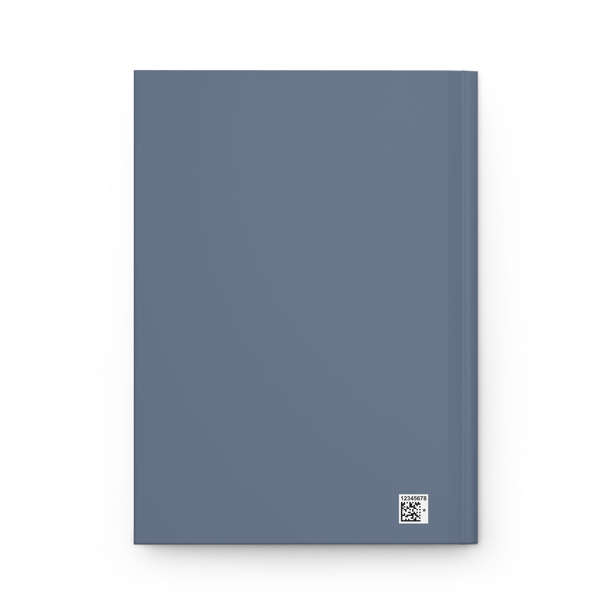 A minimalist hardcover notebook in a muted slate blue color, shown from the front on a clean white background. A small white square label with a QR code is printed in the bottom right corner.