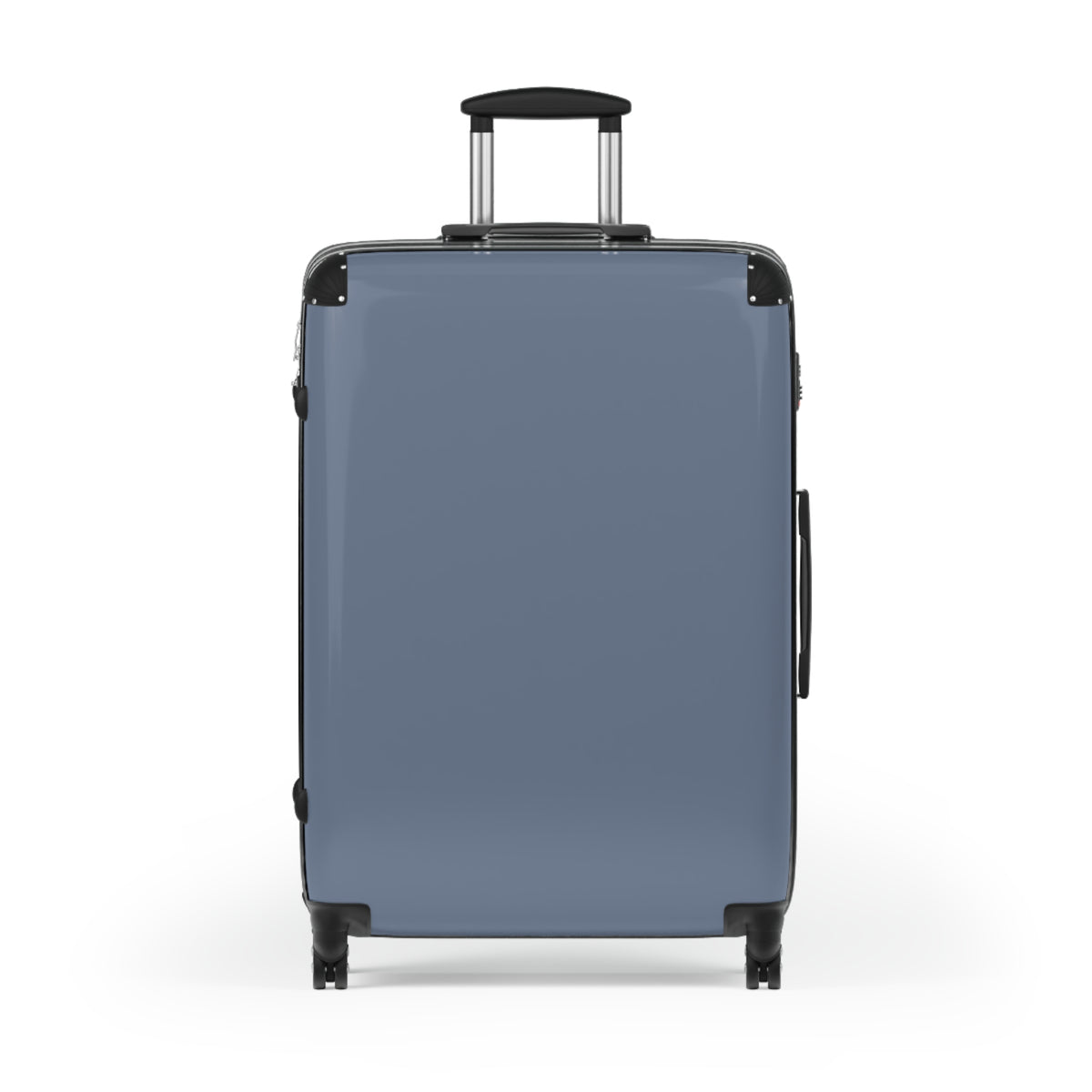 A hard-shell spinner suitcase in a muted blue color, shown from a front-facing perspective with its telescoping handle extended on a clean white background.