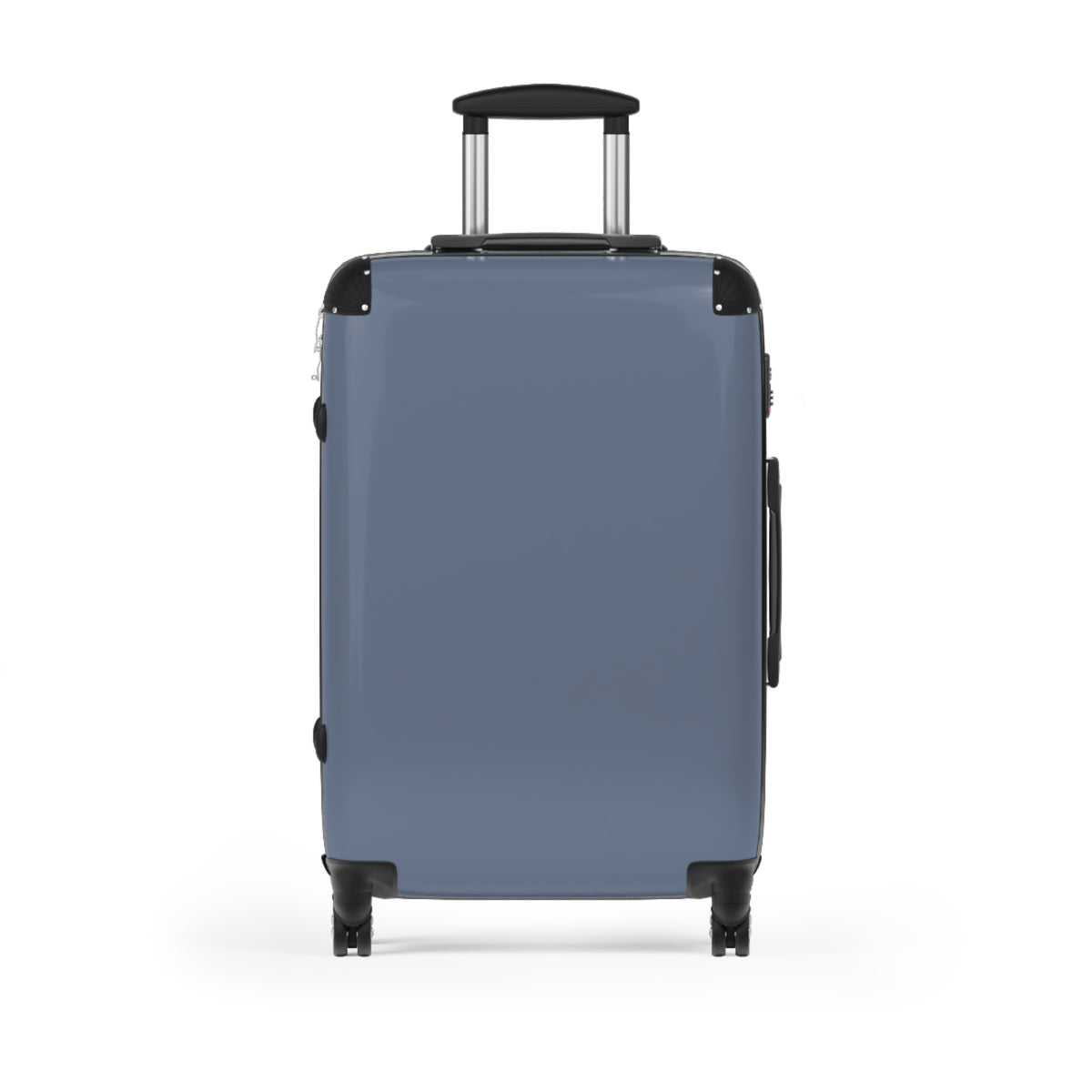 A hard-shell hardside suitcase in a muted blue color, featuring a black telescoping handle, black corner protectors, and four wheels, shown from a front-facing perspective on a white background.