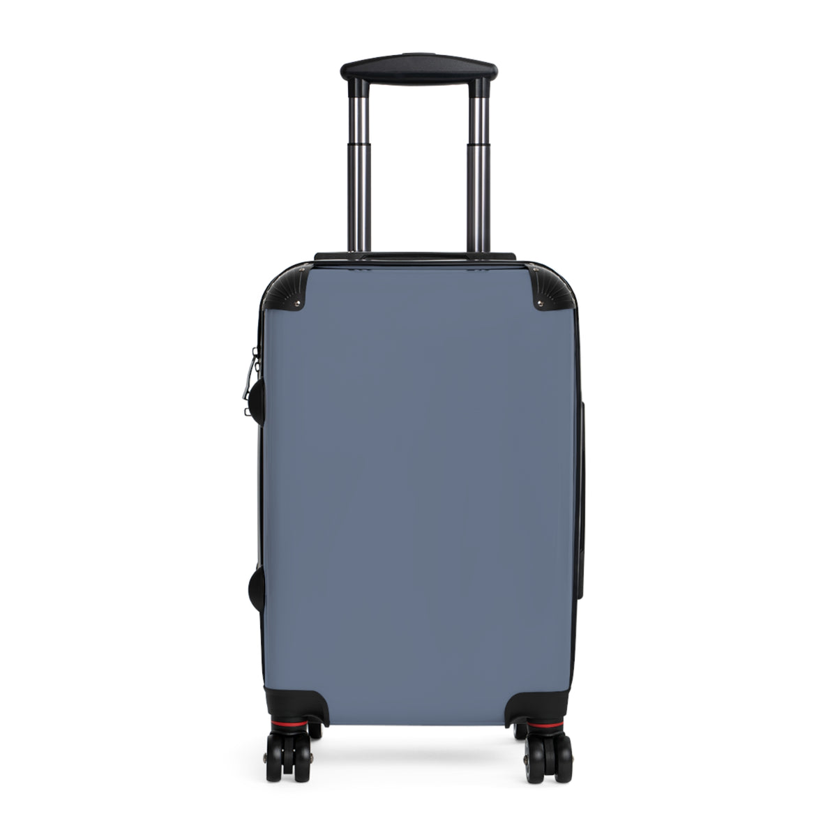 A hard-shell carry-on suitcase in muted blue, featuring an extended telescoping handle and four spinner wheels, shown against a plain white background.