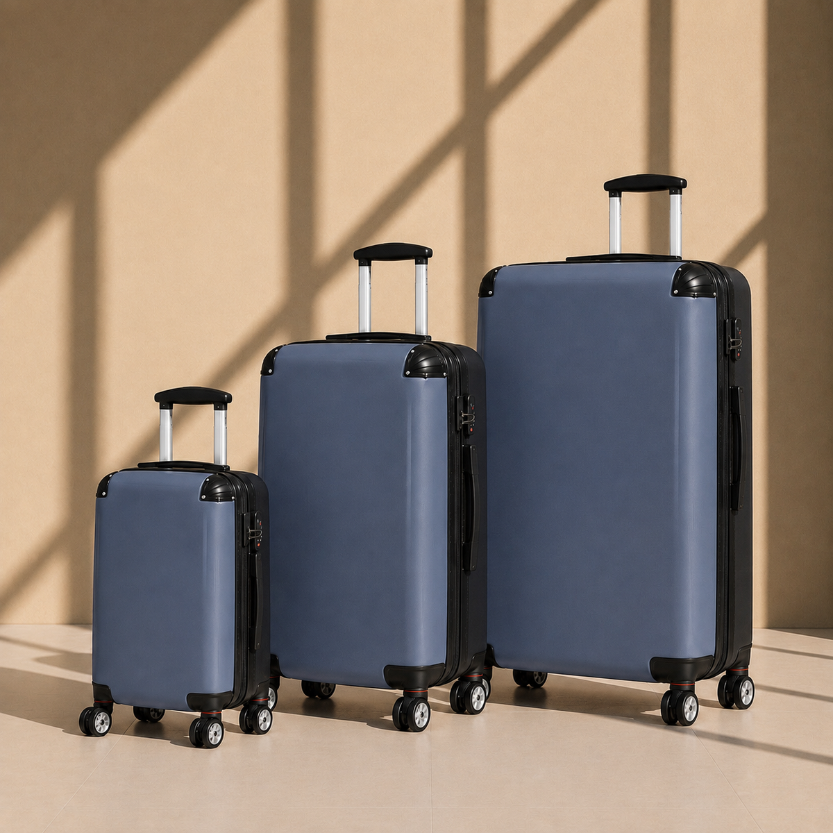 Three hard-shell carry-on suitcases in graduated sizes, colored in a muted blue with black trim, zippers, and wheels, standing against a warm beige wall with diagonal shadow patterns.