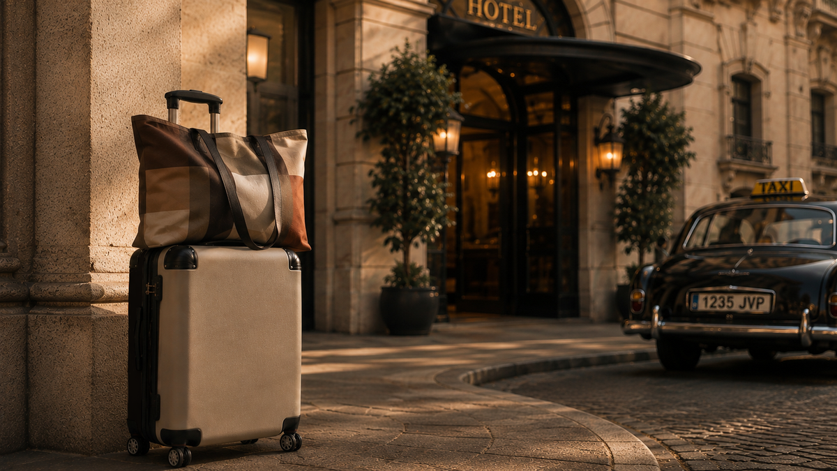 A beige hard-shell suitcase with telescoping handle and wheels stands on a cobblestone street in front of a hotel entrance, with a matching brown and beige Weekender Tote resting on top. A vintage black taxi is parked on the right, and warm evening light casts shadows across the scene.