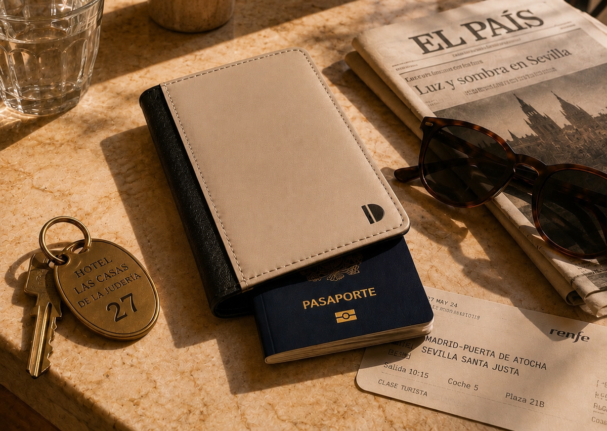 The Cultivated Desk beige faux leather passport cover holding a navy blue passport, styled on a stone surface with a newspaper, sunglasses, keys, and a ticket.