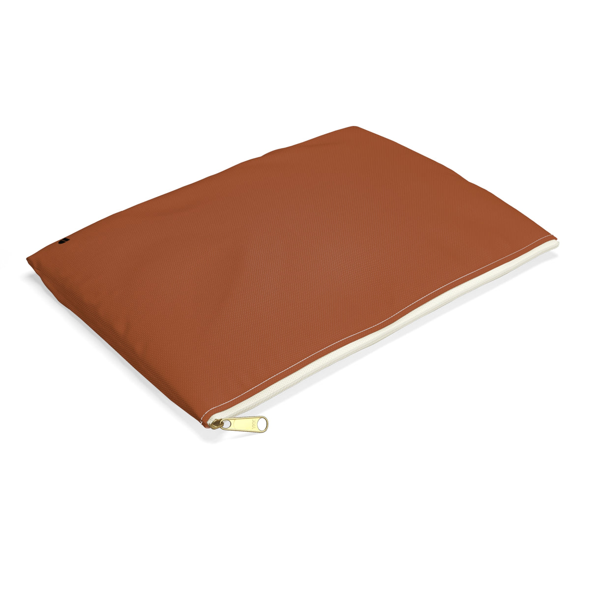 A rectangular rust-colored pouch with a gold zipper and a small black monogram logo in the bottom right corner, set against a plain white background.
