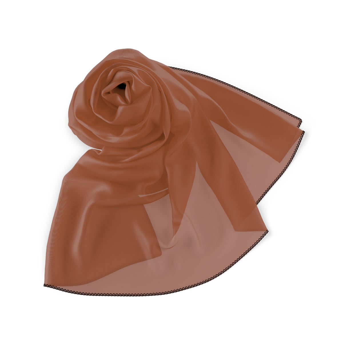 A sheer fabric rust-colored scarf folded neatly on a white background