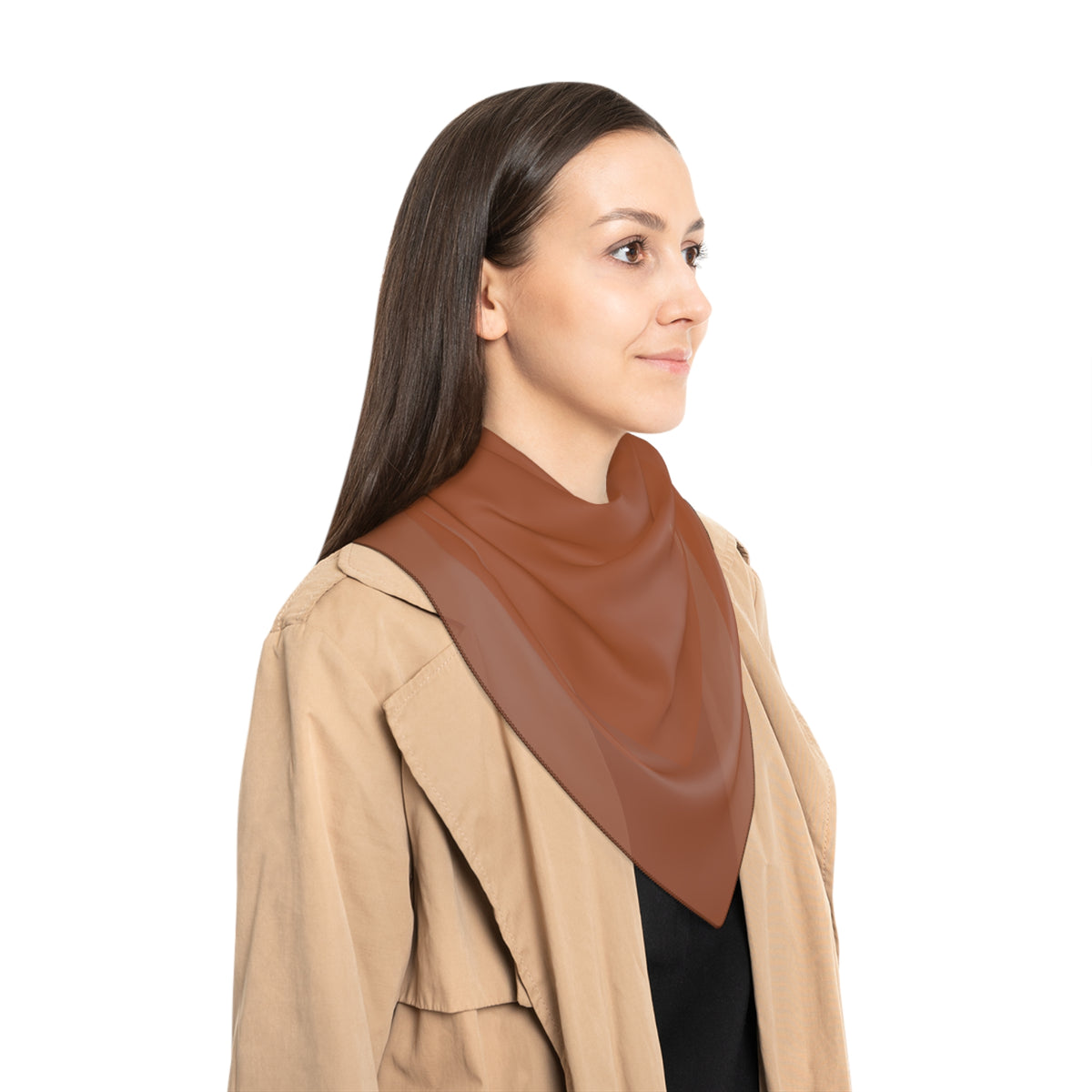 A woman shown in profile wearing a sheer rust-colored triangular neck scarf over a beige jacket and black top, against a plain white background.