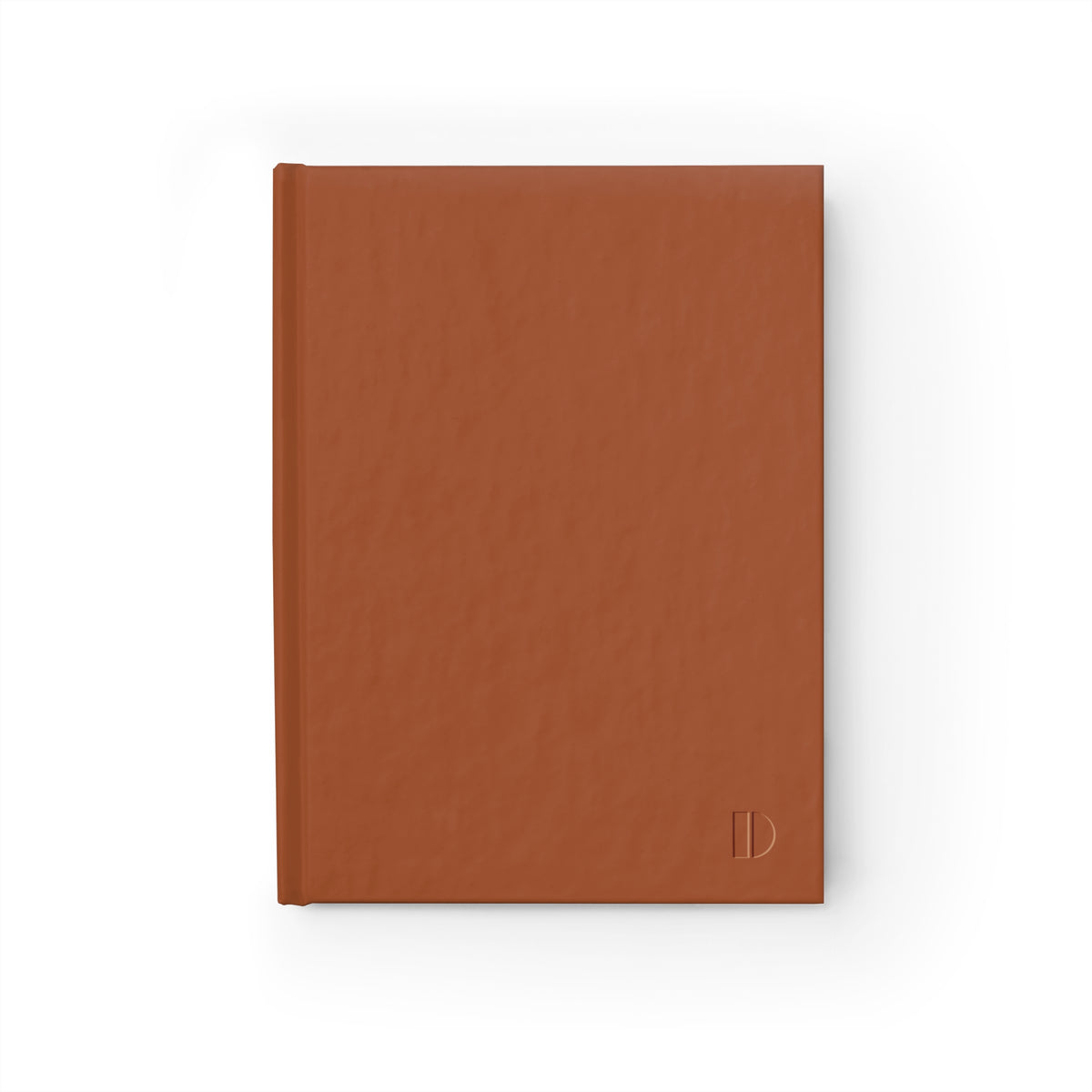 Minimalist sienna hardcover journal by The Cultivated Desk, featuring a front cover view with a subtle faux debossed geometric logo in the corner.