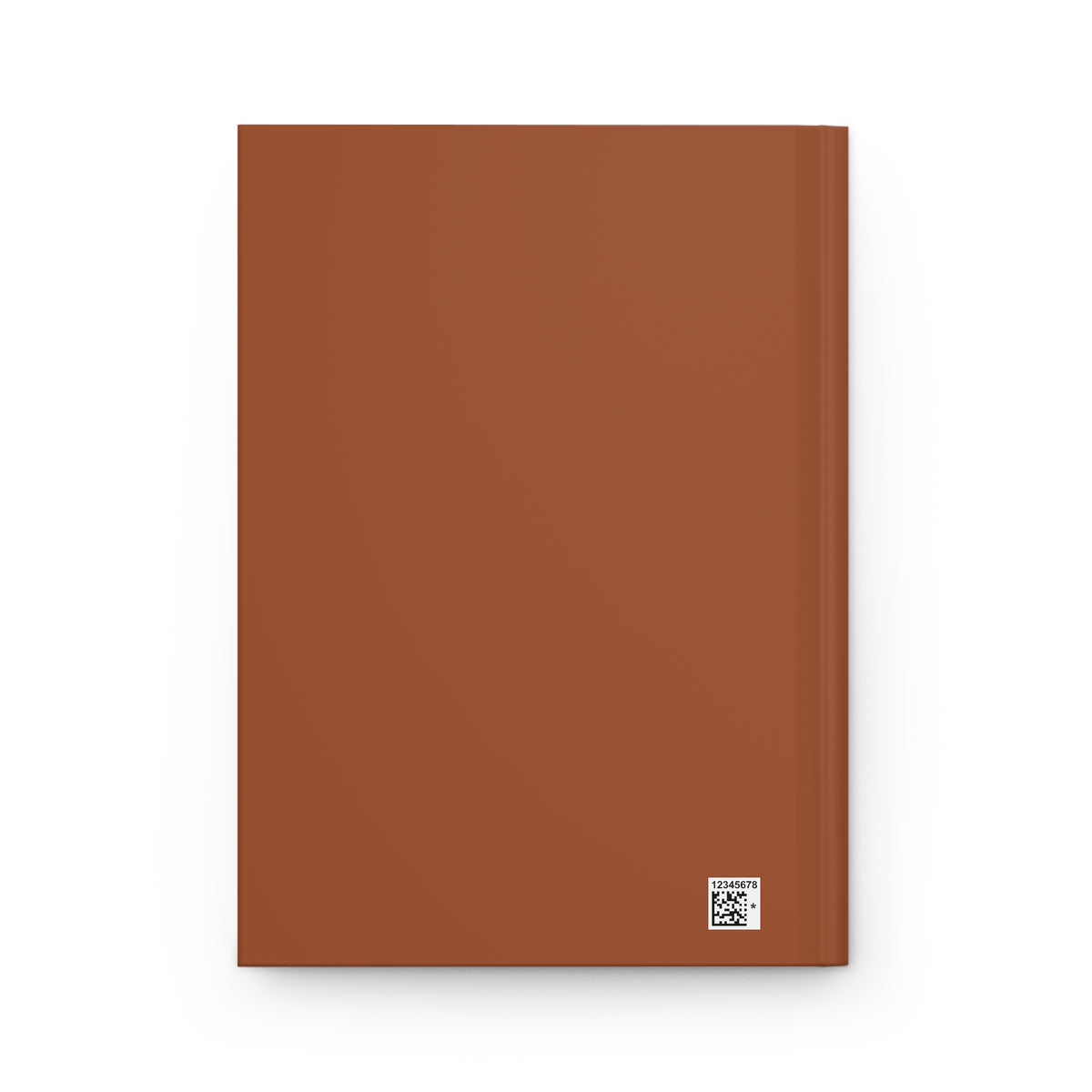 A minimalist hardcover notebook in a warm terracotta brown color, shown flat against a clean white background with a small QR code in the bottom right corner.
