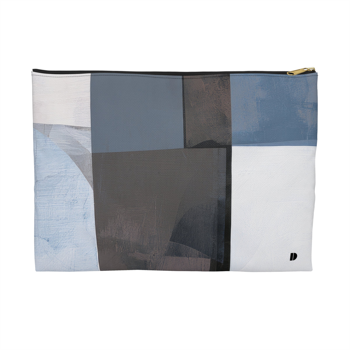 A rectangular zippered pouch with an abstract geometric block pattern in shades of blue, gray, white, and charcoal, featuring a small black monogram logo on the bottom right and a gold zipper pull.